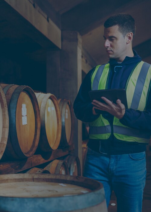 Male in a wine cellar logging the barrels