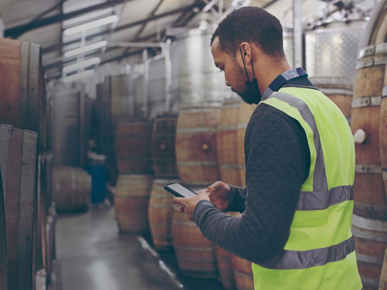 Male in a wine cellar logging the barrels