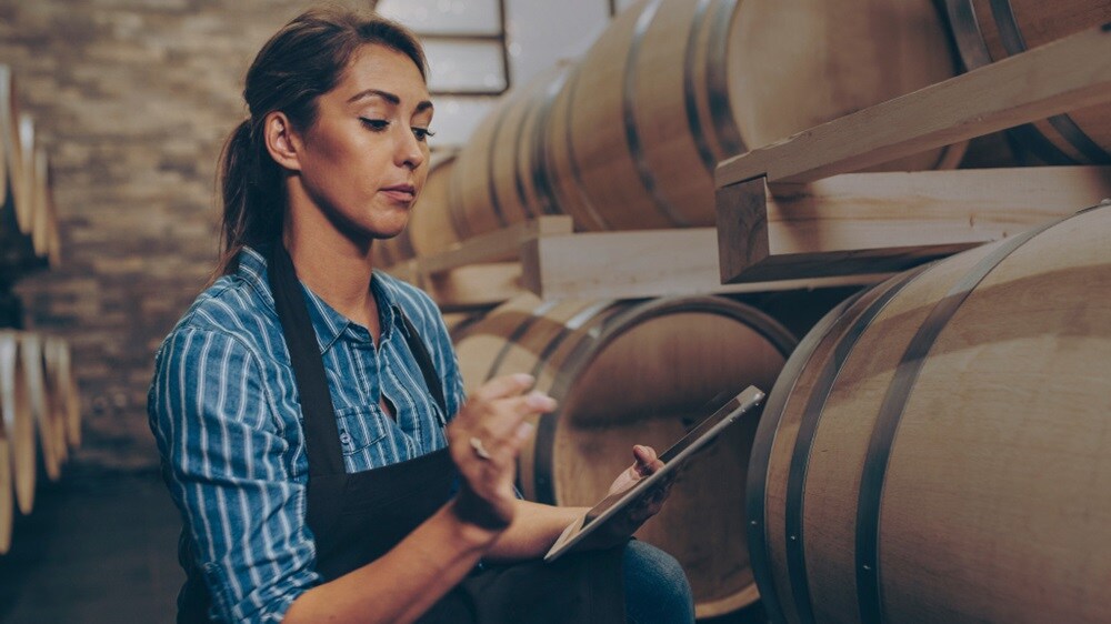 Female in a wine cellar logging the barrels