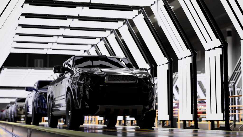 Automotive manufacturing assembly line inside a factory.