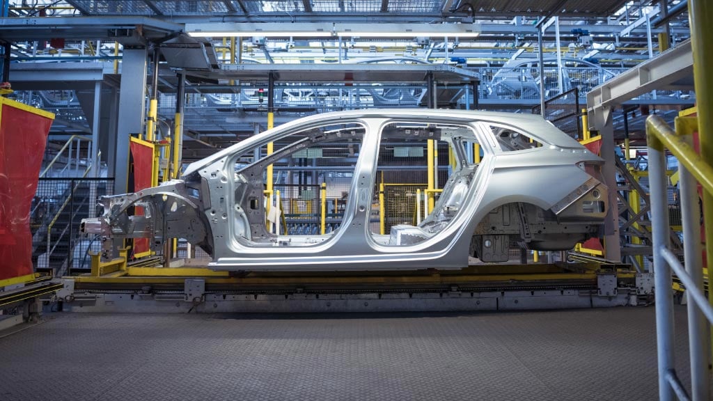 Automotive manufacturing assembly line inside a factory.