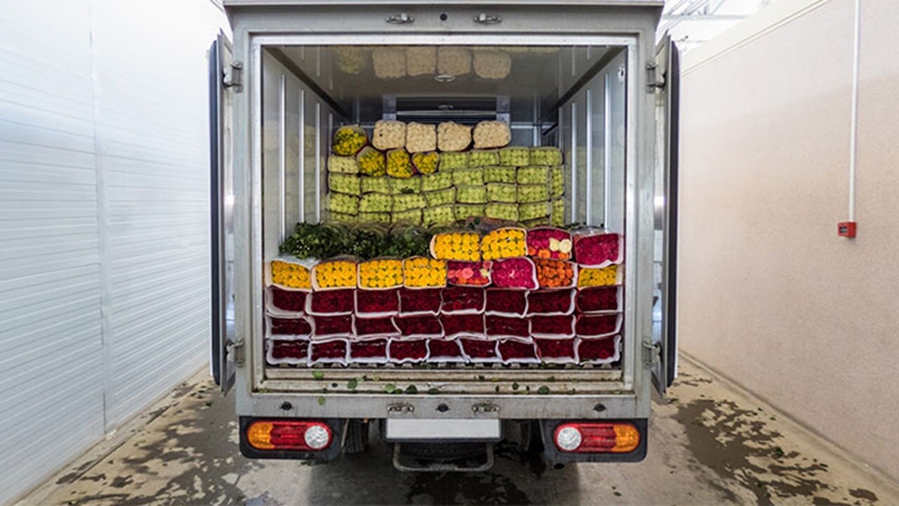 Bouquets were arranged in the truck