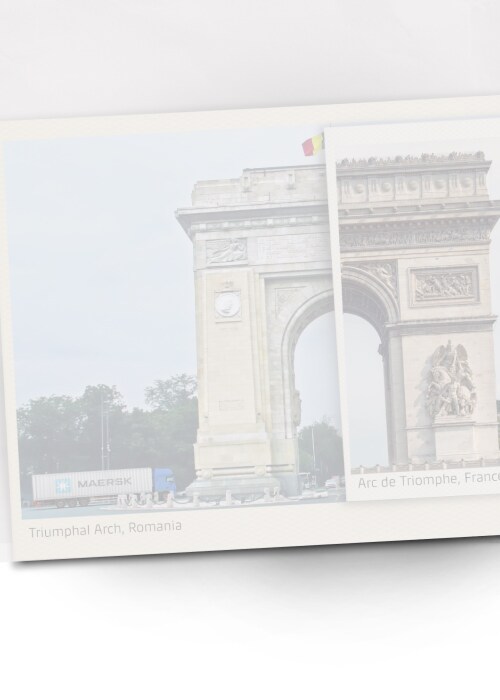 A photo collage of Trimphal Arch, Romania and Arc de Triomphe, France