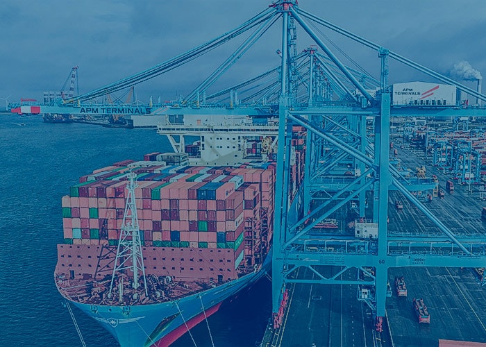 Large container vessel docked at a busy terminal