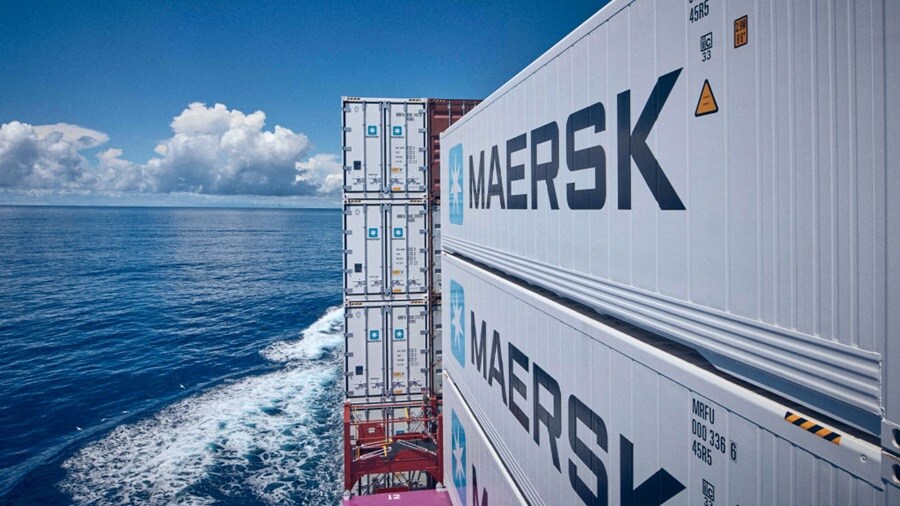 Close up shot a Maersk container on a ship in the ocean