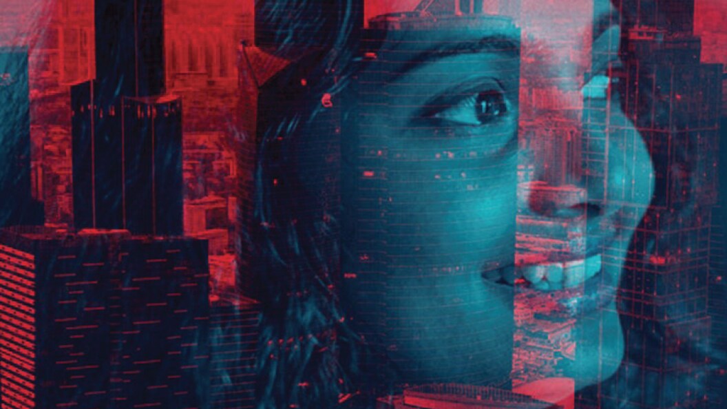 woman smiling with red background