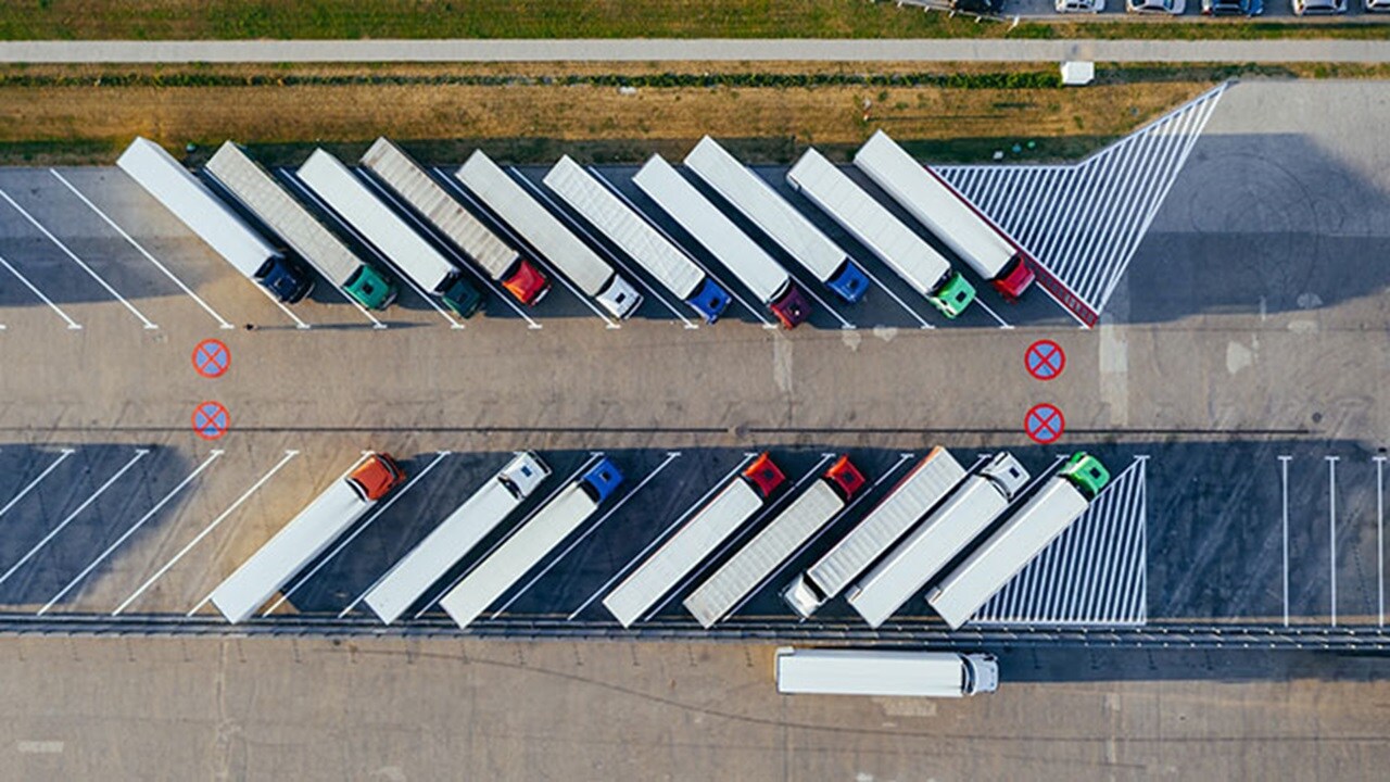Aerial image of trucks in a parking lot