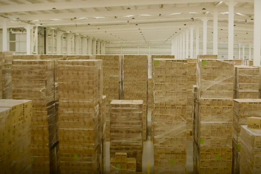 Large warehouse filled with stacks of pallets and boxes organized in rows.