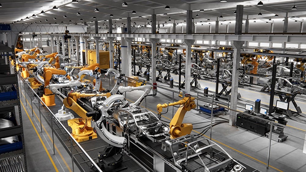 High angle view of cars on production line in factory