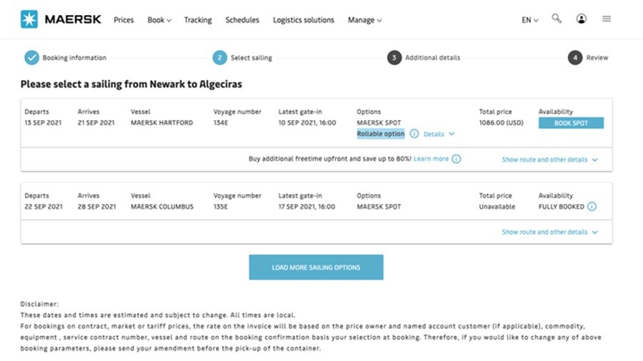 The outgoing Maersk booking application 