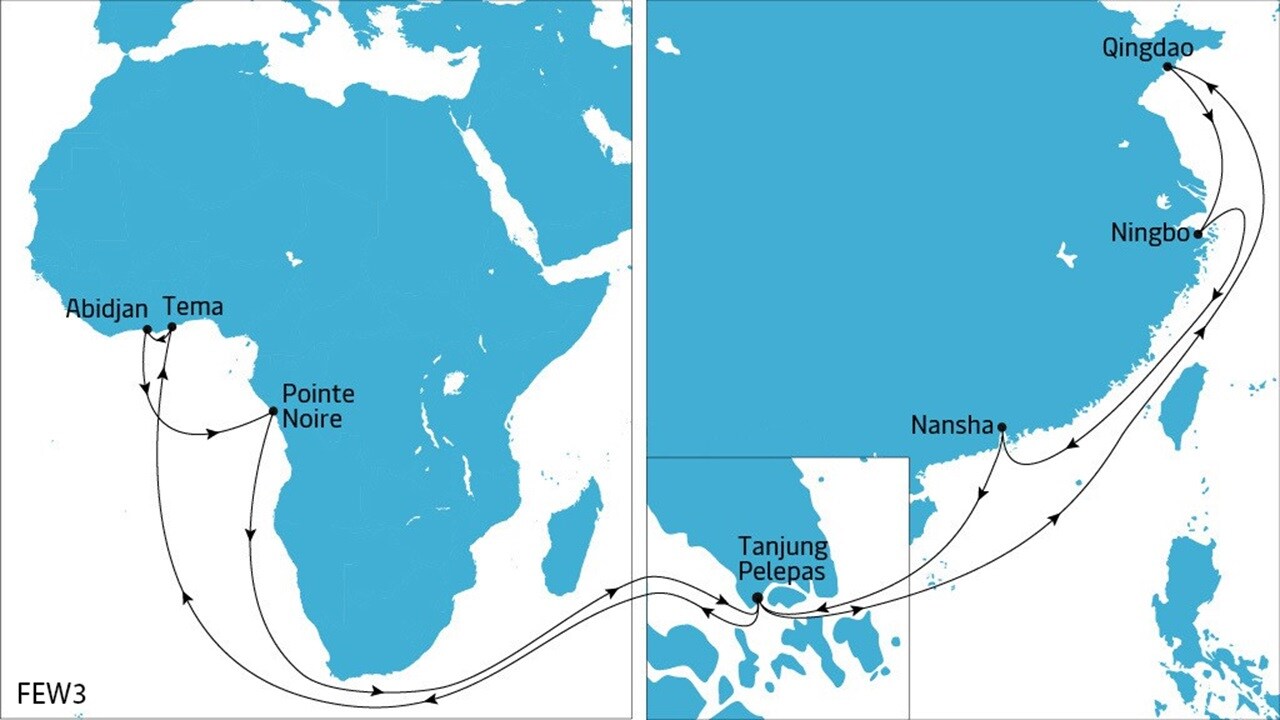 FEW3 Rotation: Qingdao–Ningbo–Nansha New Port–Tanjung Pelepas–Tema–Abidjan–Pointe Noire–Tanjung Pelepas
