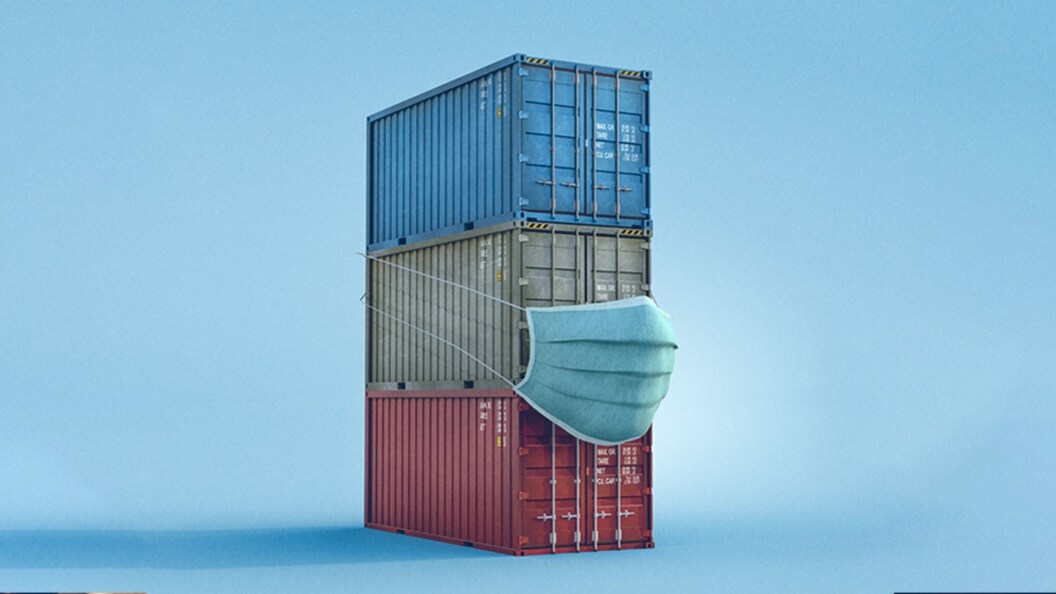 Logistics containers wearing a giant mask- signifying covid-19 pandemic