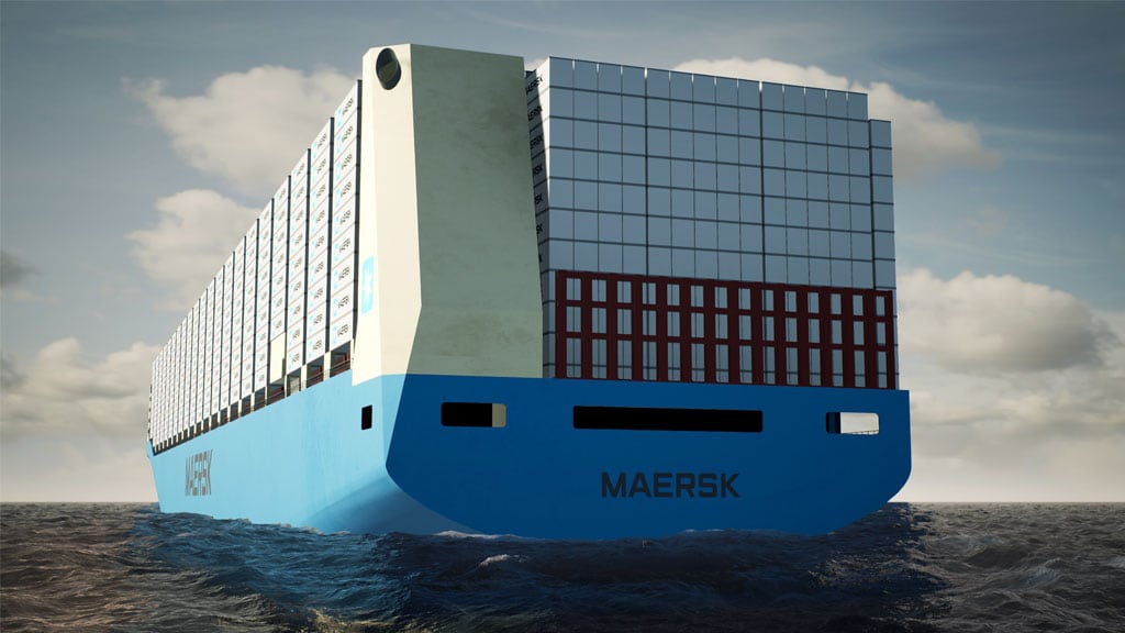 Buque de transporte de Maersk que transporta contenedores en el océano