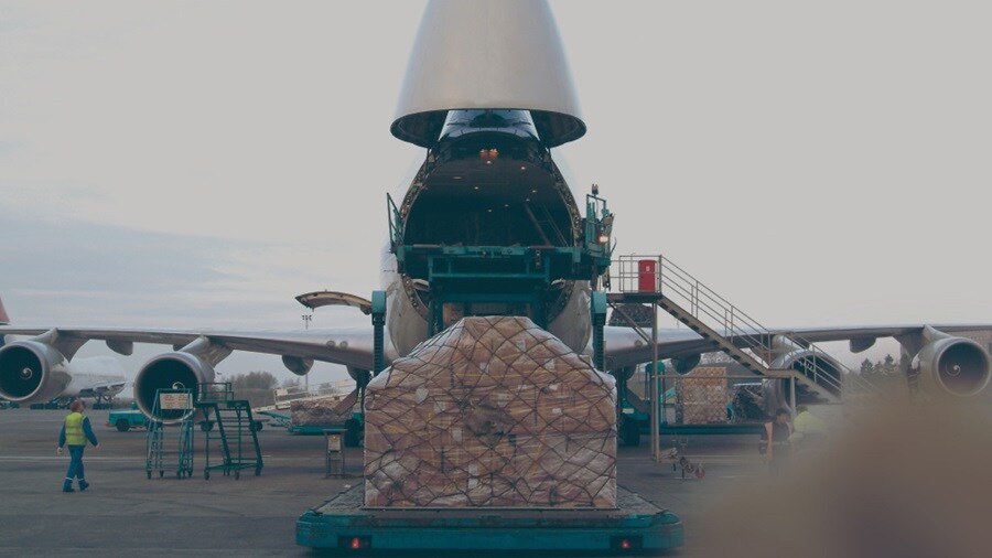 Cargo being loaded on an airplane