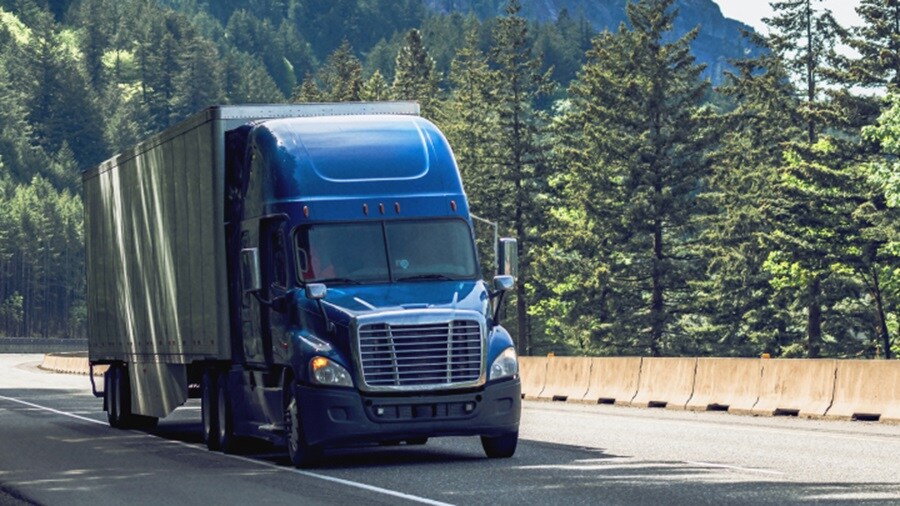 Black truck driving on a road