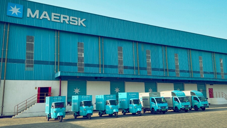 Maersk electronic vehicles outside a warehouse