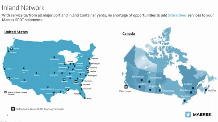 Maersk’s Inland Network showing its trucking terminals across US and Canada. 