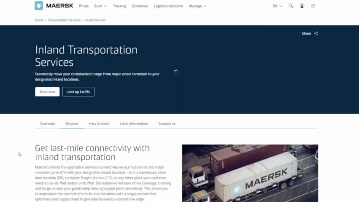 Screenshot showing Maersk’s Inland Transportation Services page.
