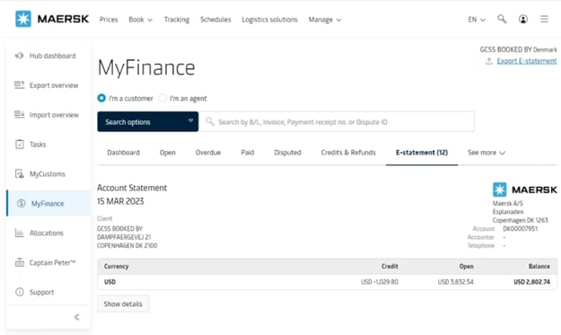 Overview of e-statement section in MyFinance panel