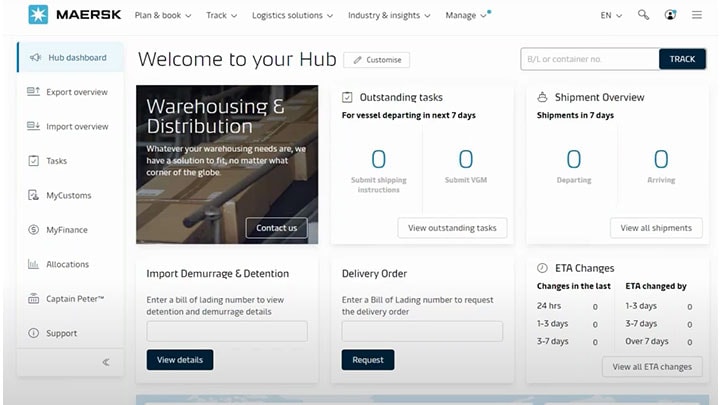 Welcome page of Maersk Hub dashboard after logging in