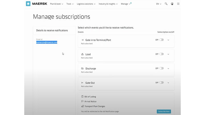 Manage subscriptions option in Maersk Hub dashboard
