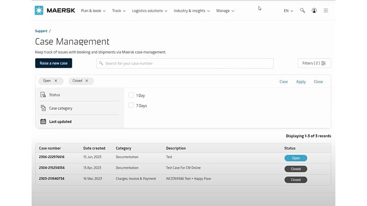 Case Management tool in Maersk Hub dashboard