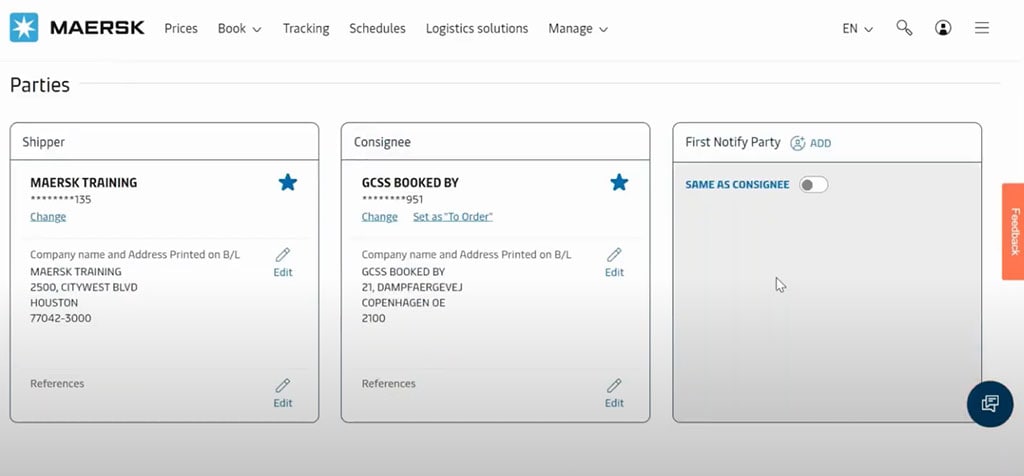 Parties Tab under the Shipping Instructions page. Here you can see all the parties related to your shipment (Shipper and Consignee). You are also given the feature to select a "First Notify" Party.