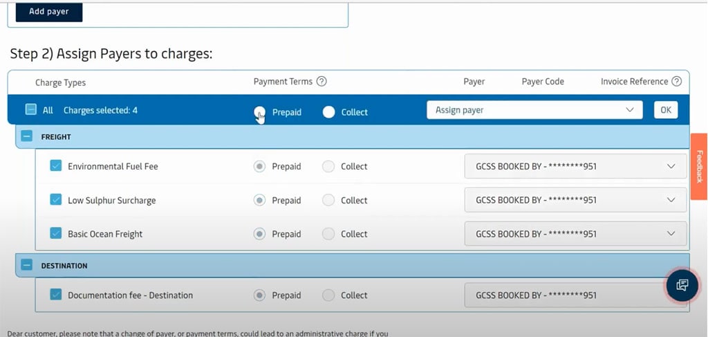 This is Step 2 (Assign Payers) of the Payers Tab under the Shipping Instructions page. Here you have 5 columns for Charge Types, Payment Terms, Payer, Payer Code, and Invoice Reference.)