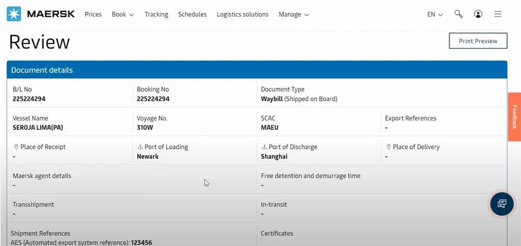 Review Tab under the Shipping Instructions page. Here you can see all the document details for your review such as B/L no., Booking no., Document Type. Vessel Name, Voyage No., SCAC, Export References, Place of Receipt, Port of Loading, Port of Discharge, Place of Delivery, Maersk Agent Details, Free Detention and Demurrage Time, etc.