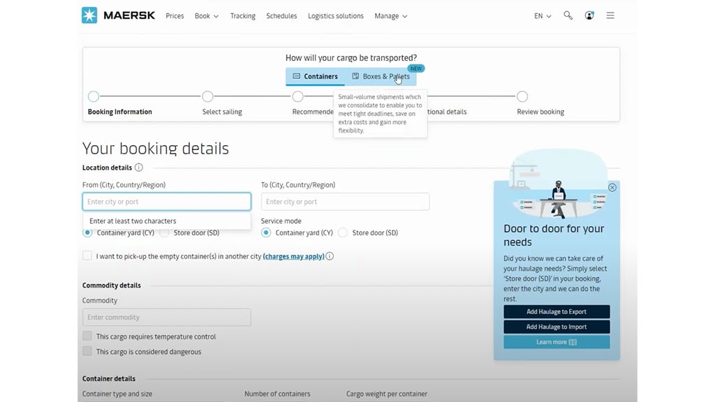 Maersk.com's Booking Details Dashboard. Image shows the location details, commodity details and container details that need to be filled.