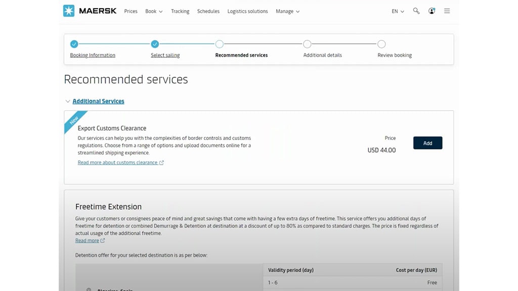 Maersk.com's Add-on Services tab under the Booking Details Dashboard