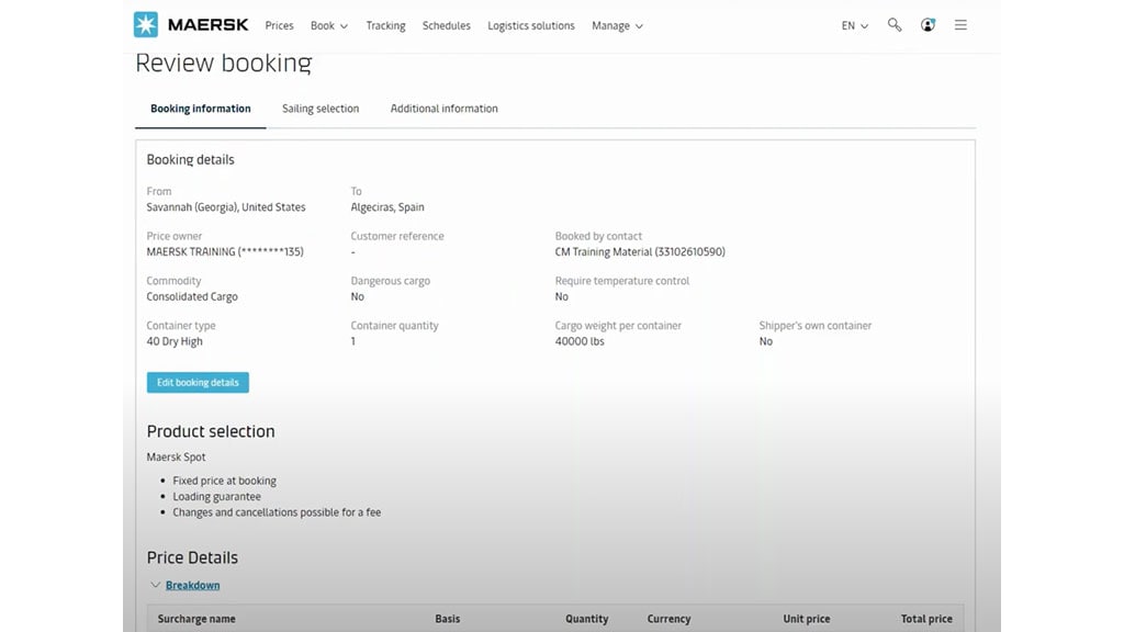 Maersk.com's Review tab under the Booking Details Dashboard. Image shows Booking details such as where the container is going from and to, price owner, Customer Reference, Booked by contact, Commodity, dangerous cargo, require temperature control, container type, container quantity, cargo weight per container and shipper’s own container.