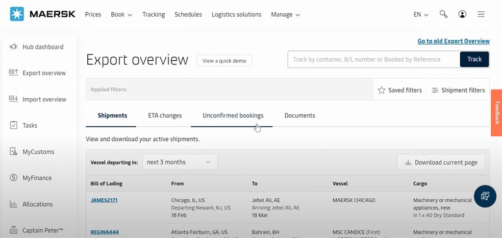 Export overview button in Maersk Hub dashboard