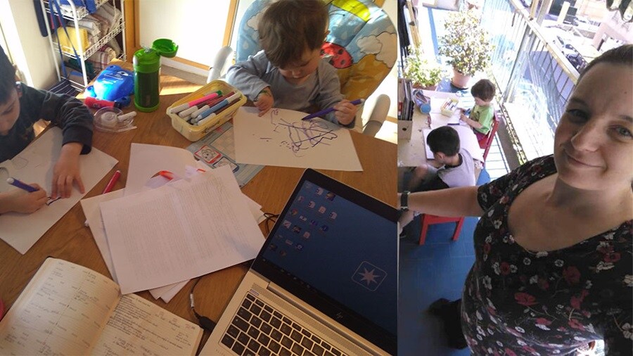 Maersk employee working from home with children due to COVID-19.