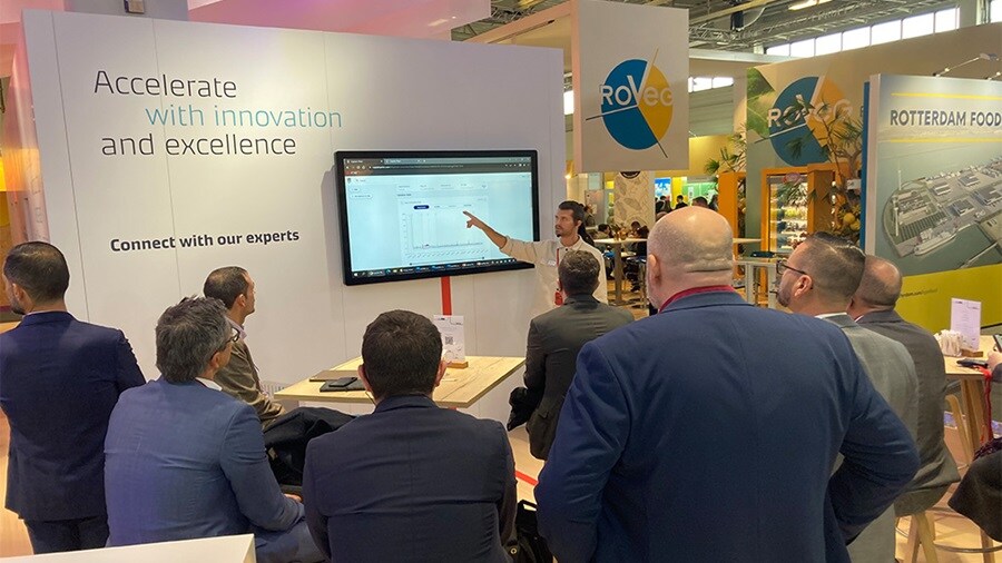 A man giving presentation at the fruit logistica event