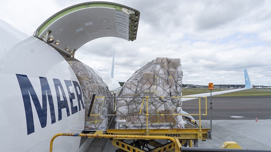 Maersk’s first Boeing 777F performing cargo operations in Billund.