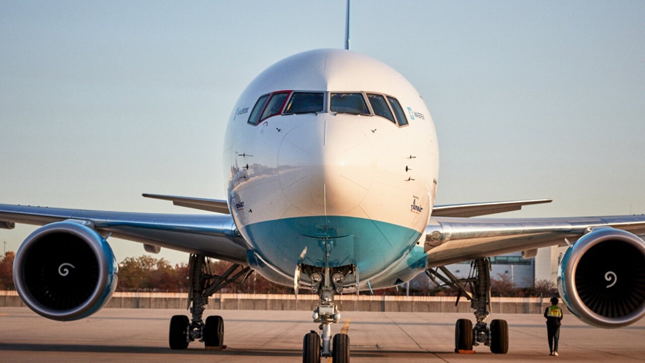 A large passenger jet parked on the tarmac, ready for boarding with a clear blue sky in the background.