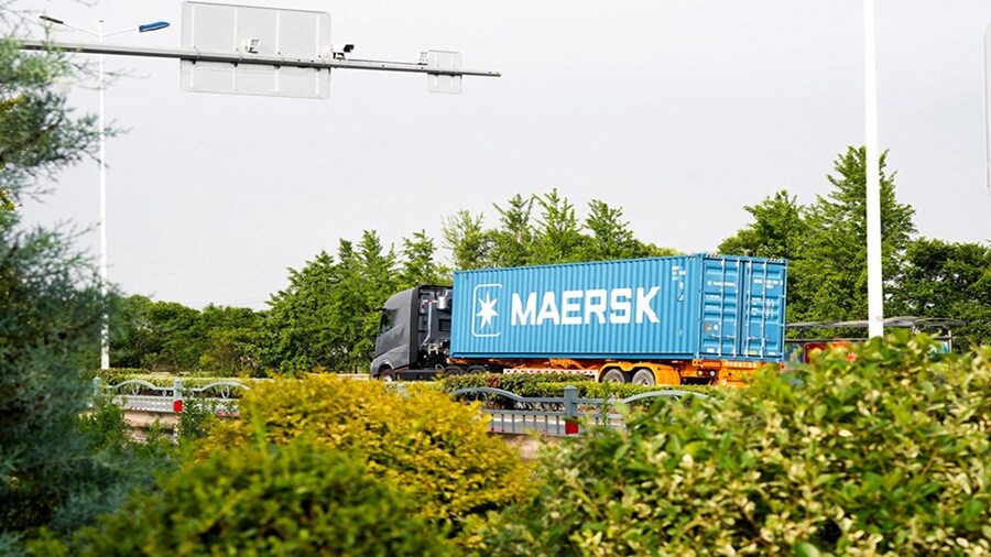 Maersk blue container on the road