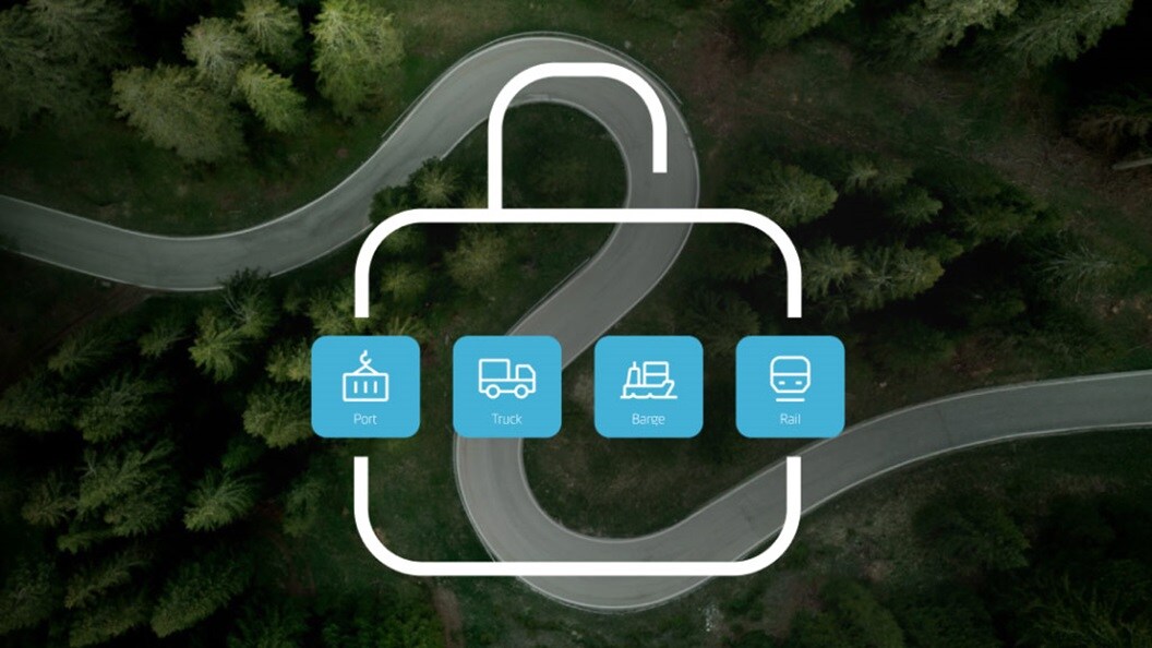 Transport icons over winding forest road