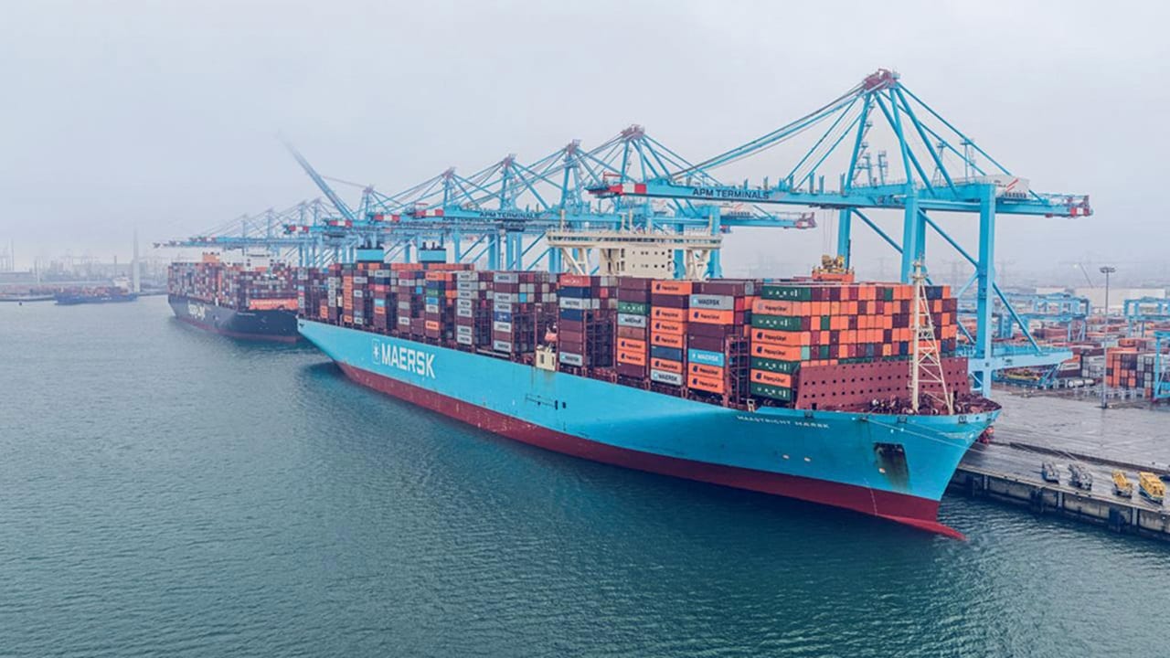 Maastrict Maersk at APM Terminals' Maasvlakte II terminal in Rotterdam.