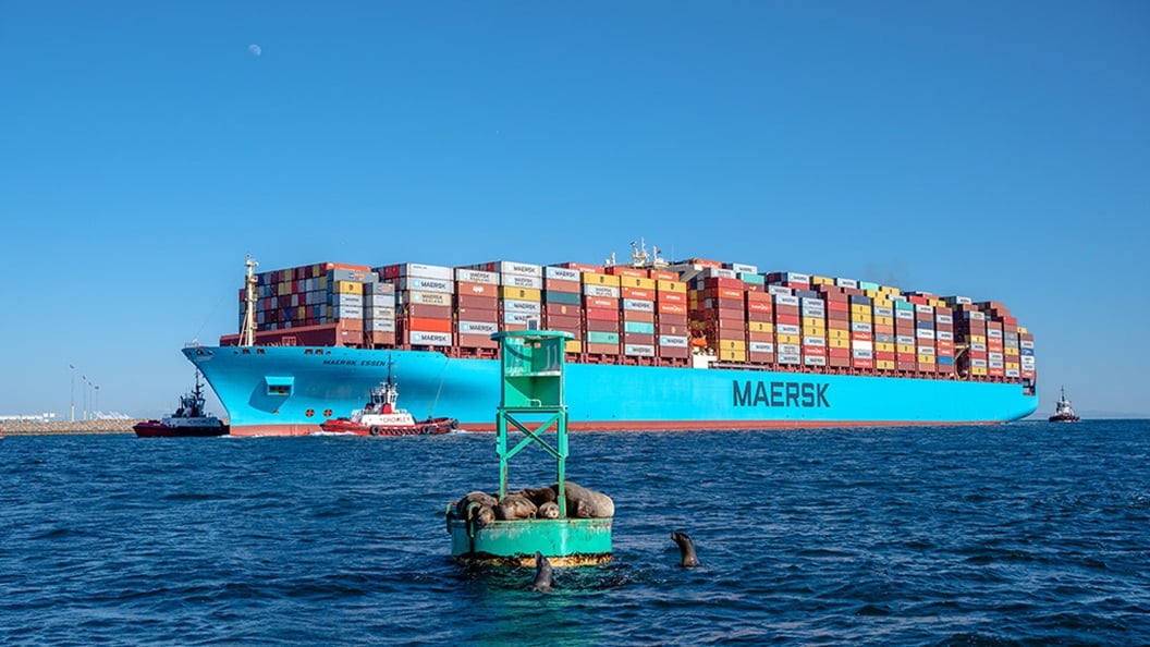 Maersk Essen entering Port of Los Angeles harbor enoute to APM Terminals Pier 400 Los Angeles container terminal