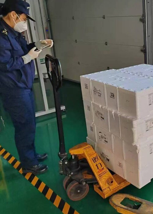 海关官员正在检查文件，与此同时，工人们正在装货平台外处理白色冷链包装箱。