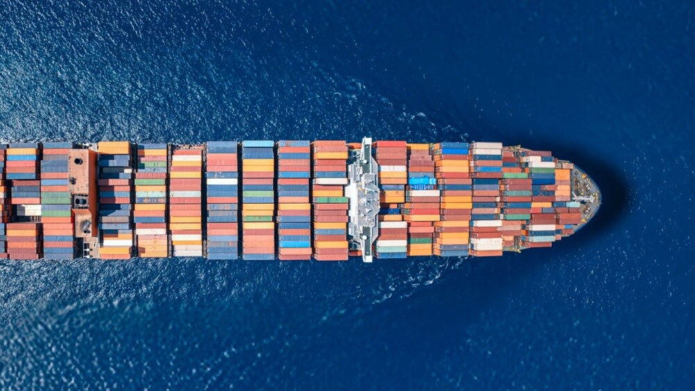 Aerial view of a container vessel at sea