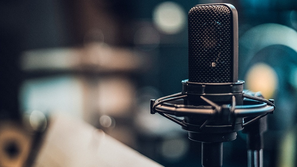 Close-up of a professional studio microphone mounted on a stand